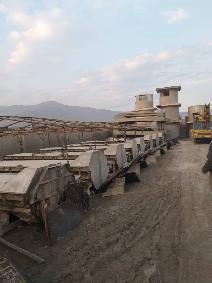 Precast concrete elements staged in a production yard