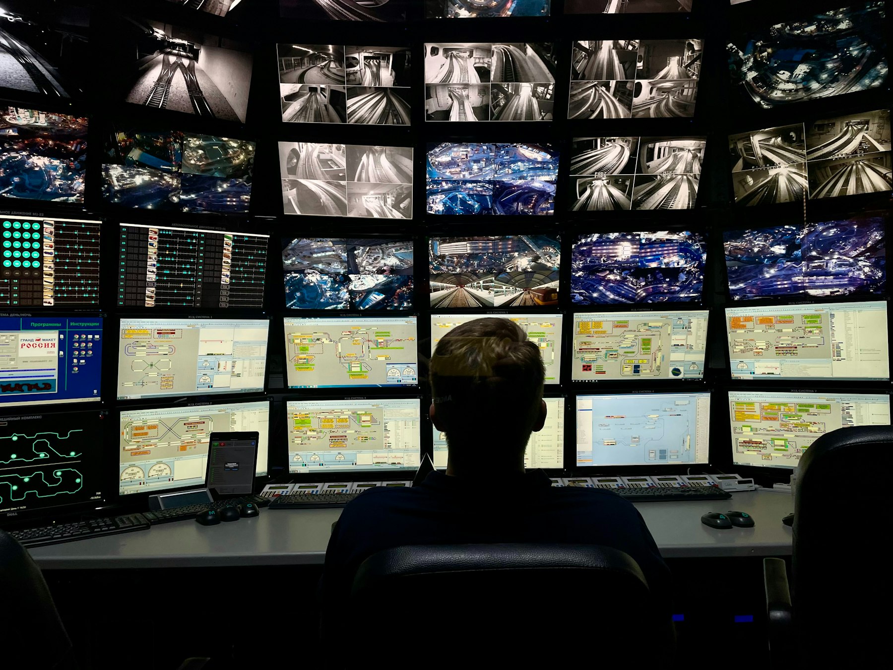Network operations center with monitoring displays and operator workstations
